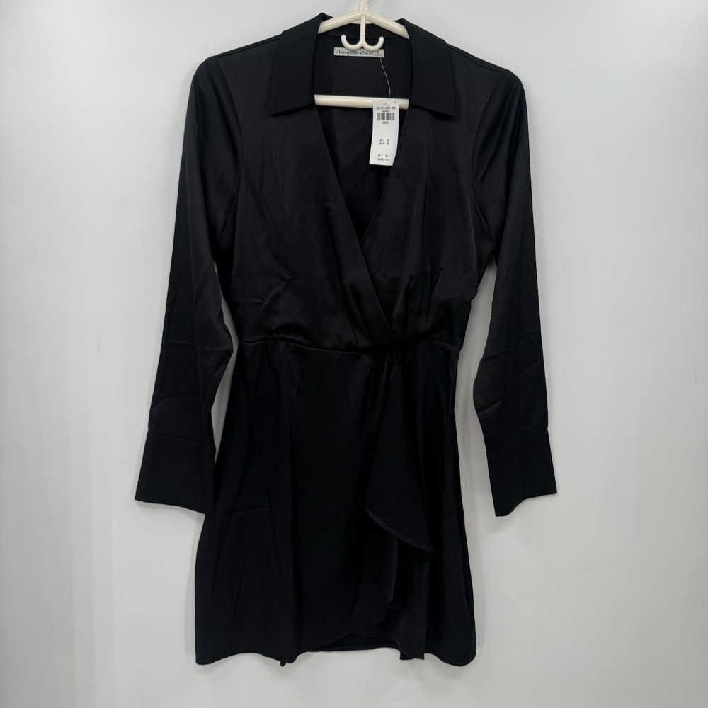 ABERCROMBIE & FITCH Long-Sleeve Satin Drapey‎ Shirt Dress Black